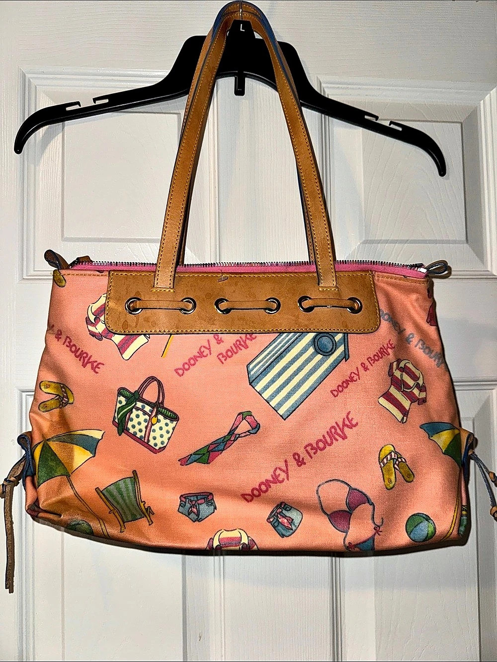 Dooney & Bourke Large Tassel Zip Top Tote Bag in Pink & Brown